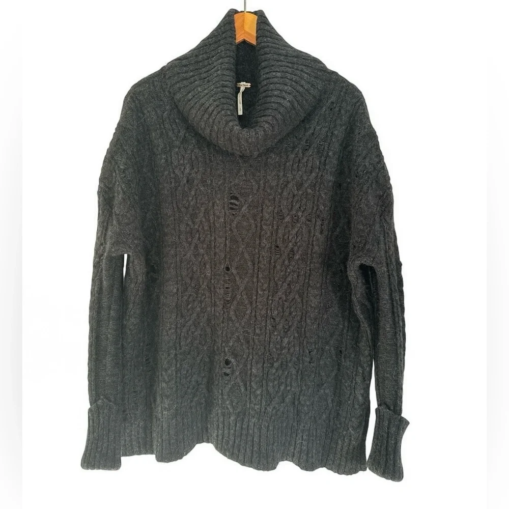 Free People Black Distressed Cowl Neck‎ Pullover Sweater. Size S/P
